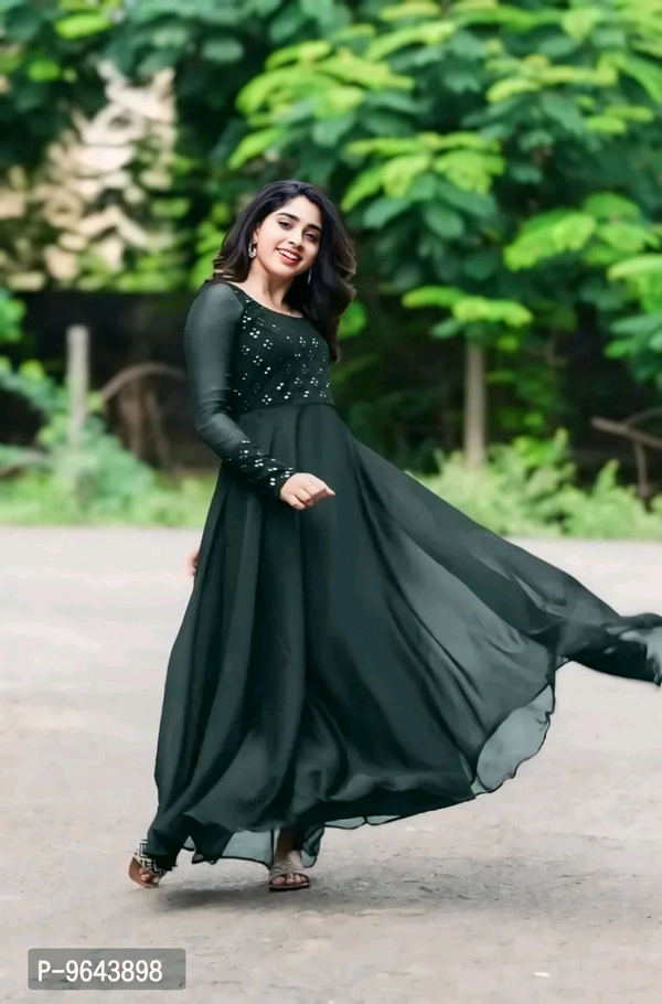 Georgette Gown With Embroidery Mirror Work For Women - XXL, Blue Stone