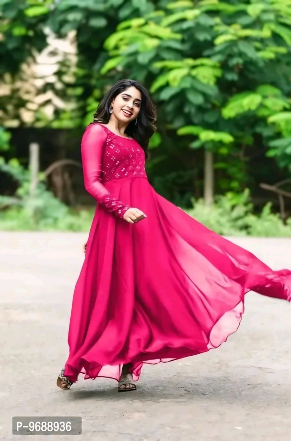Stylish Fancy Faux Georgette Ethnic Gowns For Women - M, Red Orange
