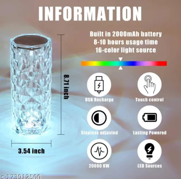 Touch Diamond Crystal Lamp, 16 Color RGB Changing LED lights Table Lamp (Multicolor). Touch And Remote