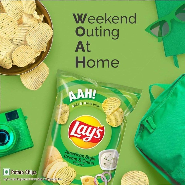 Lays Lay's Potato Chips 90g/115g, American Style Cream & Onion Flavour, Crunchy Chips & Snacks (weight may vary) (PACK OF 2)