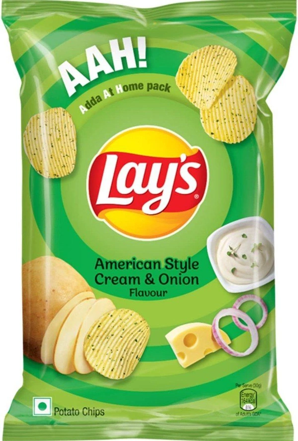 Lays Lay's Potato Chips 90g/115g, American Style Cream & Onion Flavour, Crunchy Chips & Snacks (weight may vary) (PACK OF 2)