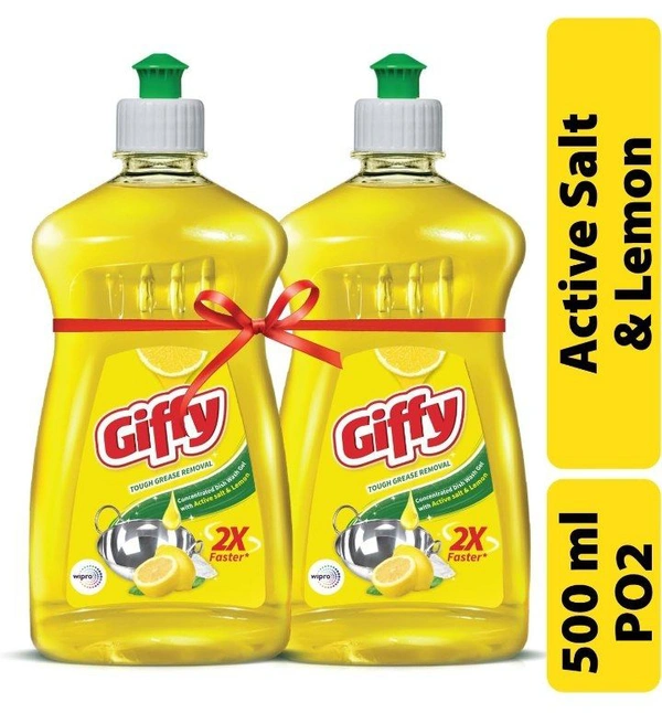Giffy Lemon & Active Salt Dishwash Liquid Gel 500ml (Pack of 2) Bottle|2x Faster Tough Grease Removal|Utensils Cleaning Dish Wash Liquid Super Saver Offer