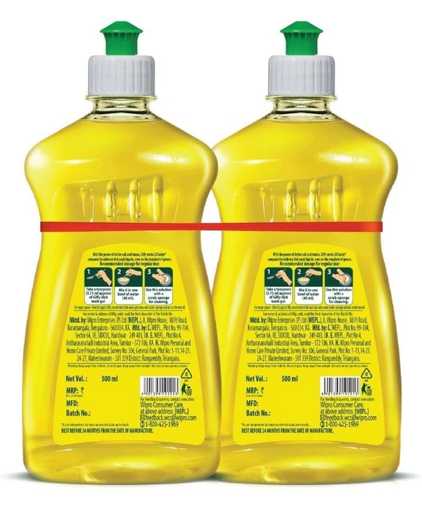 Giffy Lemon & Active Salt Dishwash Liquid Gel 500ml (Pack of 2) Bottle|2x Faster Tough Grease Removal|Utensils Cleaning Dish Wash Liquid Super Saver Offer