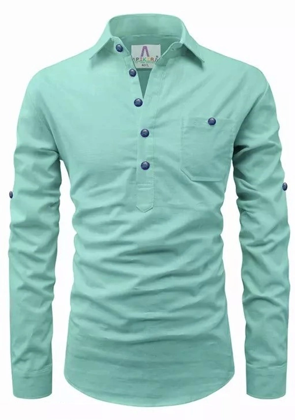 Apektra Men's Cotton Fabric Roll Up Sleeve Slim Fit Spread Collar Short Kurta MO