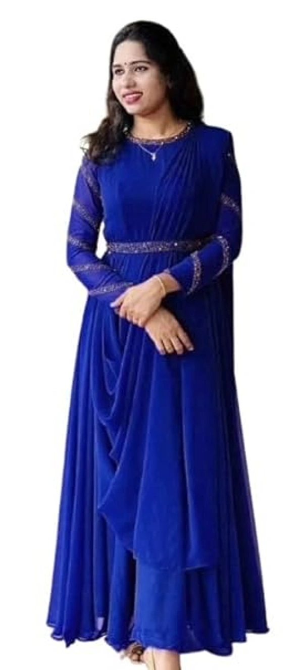 Women's Traditional Georgette Beautiful and Elegant Hot Fix Work On Round Neck & Full Sleeve with Extra Belt & Dori Fully Stitched Gown - XXL