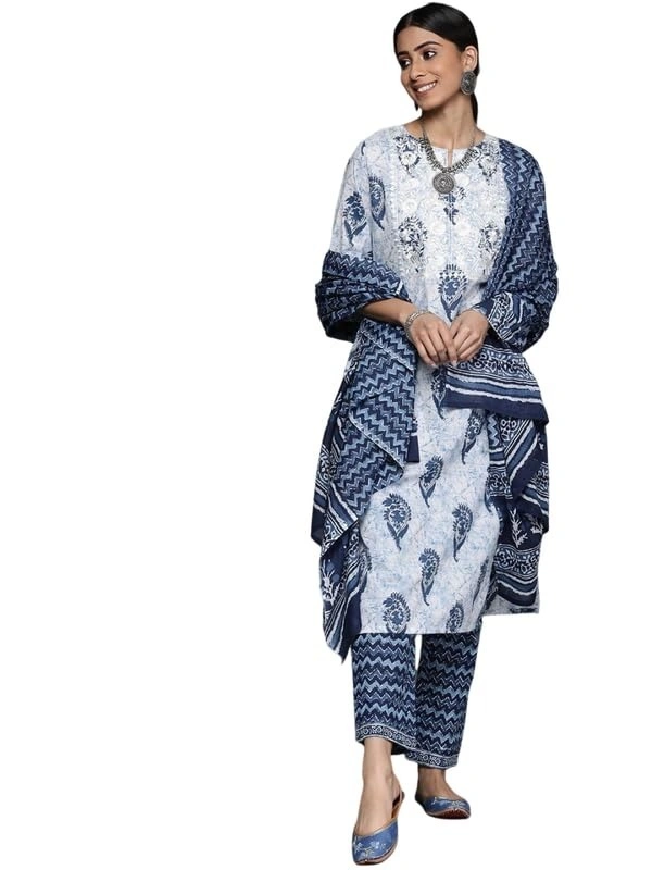VASTRANIKHAR Women's Viscose Rayon Floral Print 3/4 Sleeve Kurta Pant Set with Dupatta AN