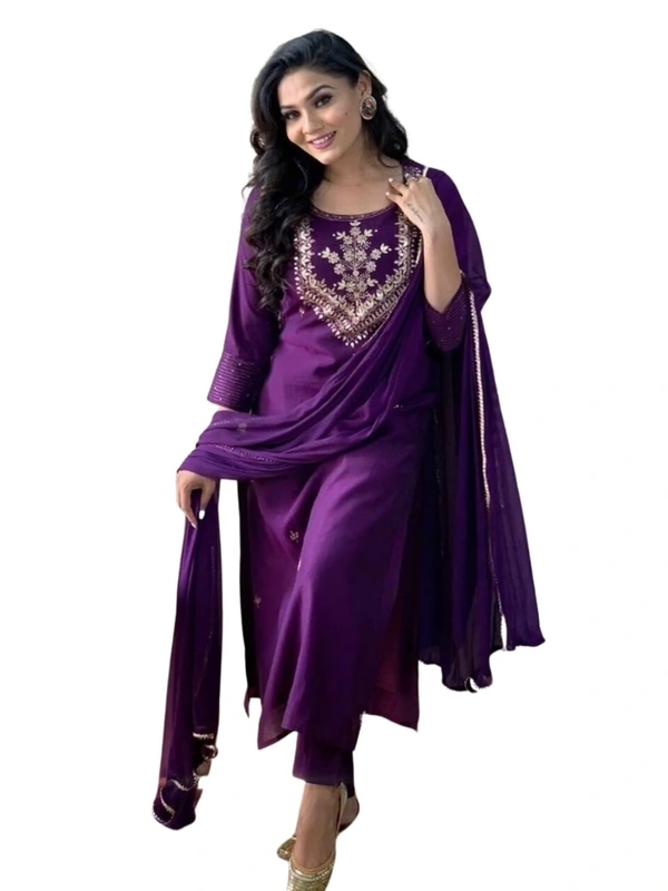 Naixa Women's Wine Slub Rayon Embroidered Worked Straight Kurta with Pant and Dupatta Set AN