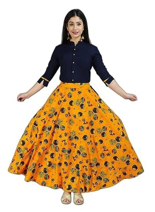 ALASHA Women's Rayon Yellow Skirt Top Blue Set Ready to Wear Rayon Blend Solid Topskirt An