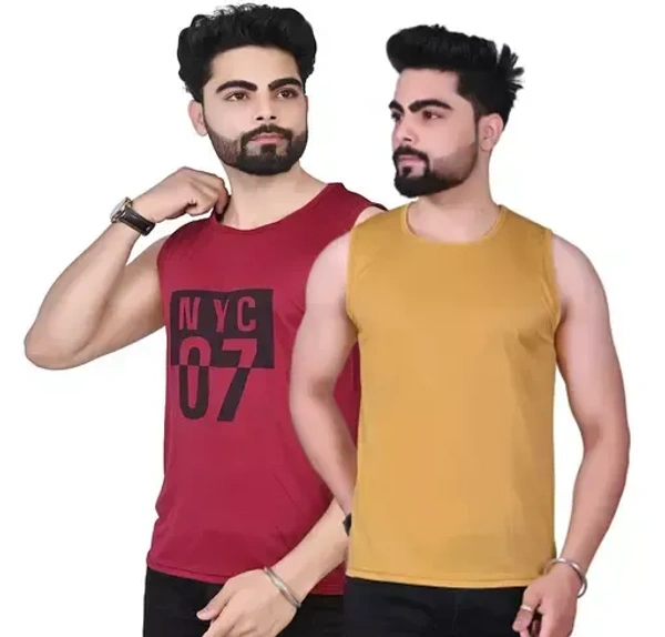 Men Plain Casual Sleeveless Tank T-shirt || Solid Plain Casual Nylon Round Neck Tshirt for Men Sleeveless Half Sleeve Full Sleeve || (Pack Of 2) Mo 