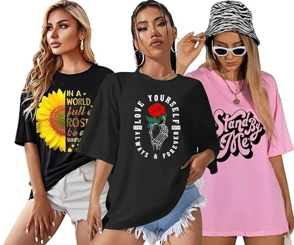 London Hills Women Printed Round Neck Oversized T-Shirt | Loose Fit Drop Shoulder T-Shirt Pack of 3 An