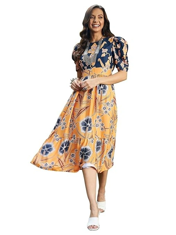 Sugathari Women's Creap Solid Floral Boat Neck A-Line Dress for Women (Dress2 111) AN