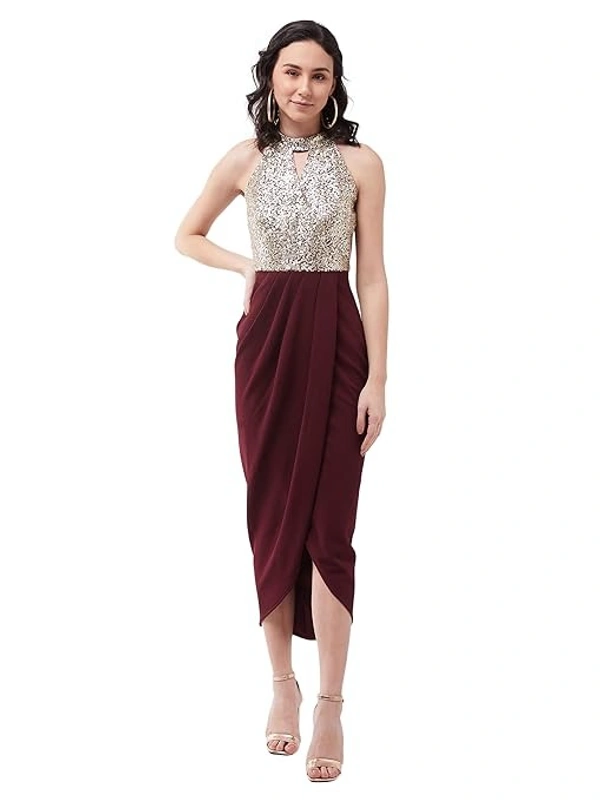 Miss Chase Women's Wine Halter Neck Sleeveless Solid Embellished Midi Dress An