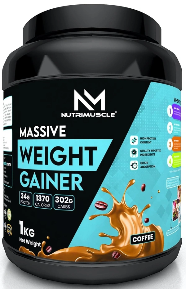 Nutrimuscle Massive Weight Gainer - 1kg - COFFEE Flavour For Weight & Mass Gain, Contains Complex Carbohydrates, Bcaa, Digestive Enzymes & Essential Vitamins & Minerals An