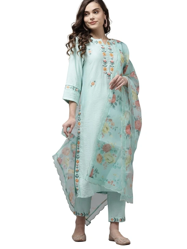 INDO ERA Women's Embroidered Straight Kurta With Pant & Dupatta Set AN