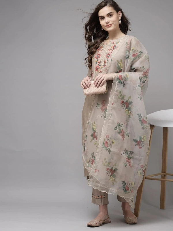 INDO ERA Women's Embroidered Straight Kurta With Pant & Dupatta Set AM