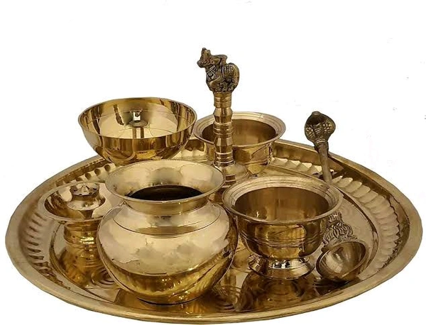 HOLYMONT99 Pure Brass Puja Bhog Thali Set Pack Of 8