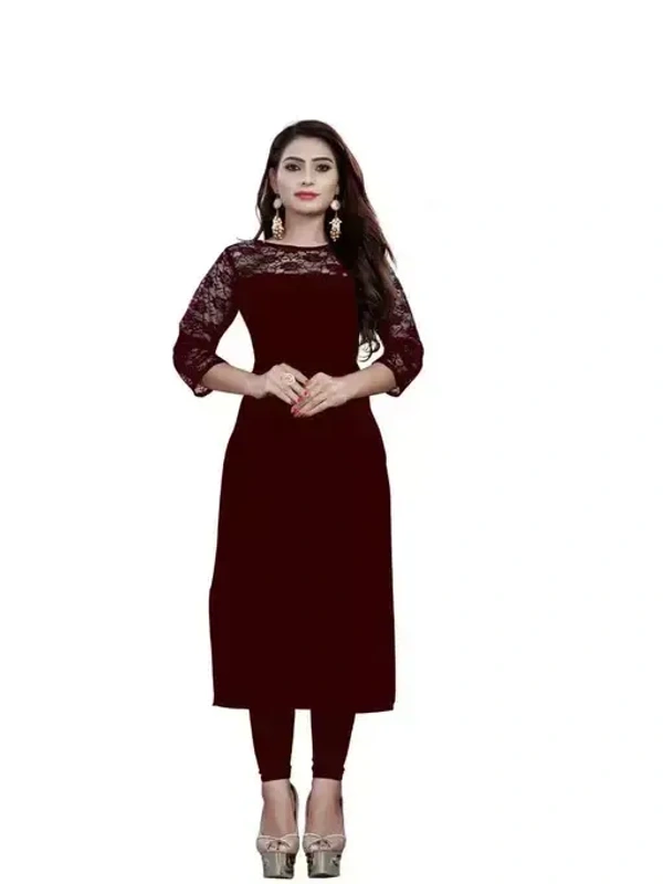 Casual American Crepe And Net Round-Neck 3/4 Length Sleeves Maroon Kurti (45"Inches) Mo