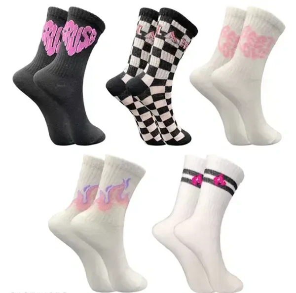 TRAZO Stylish Designer Women Multicolored Calf Length Cotton Socks Combo Pack of 5 Pairs Mo
