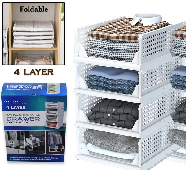 CLOTHES ORGANIZER 4 LAYER DRAWER FOR WARDROBE CUPBOARD ORGANIZER FOR CLOTHES FOLDABLE AND STACKABLE CLOSET ORGANIZER DRAWER ORGANIZER FOR CLOTHES MULTI PURPOSE PLASTIC DRAWER