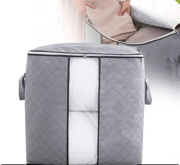 STORAGE BAG WITH ZIPPER AND SPACE SAVER COMFORTER BAG, PILLOW, QUILT, BEDDING, CLOTHES, BLANKET STORAGE ORGANIZER BAG WITH LARGE CLEAR WINDOW AND CARRY HANDLES FOR CLOSET.