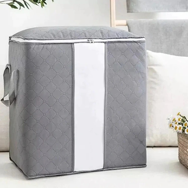 STORAGE BAG WITH ZIPPER AND SPACE SAVER COMFORTER BAG, PILLOW, QUILT, BEDDING, CLOTHES, BLANKET STORAGE ORGANIZER BAG WITH LARGE CLEAR WINDOW AND CARRY HANDLES FOR CLOSET.