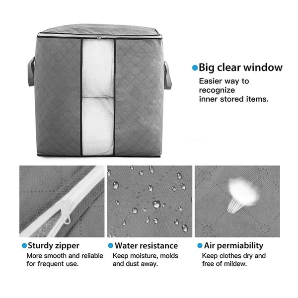 STORAGE BAG WITH ZIPPER AND SPACE SAVER COMFORTER BAG, PILLOW, QUILT, BEDDING, CLOTHES, BLANKET STORAGE ORGANIZER BAG WITH LARGE CLEAR WINDOW AND CARRY HANDLES FOR CLOSET.