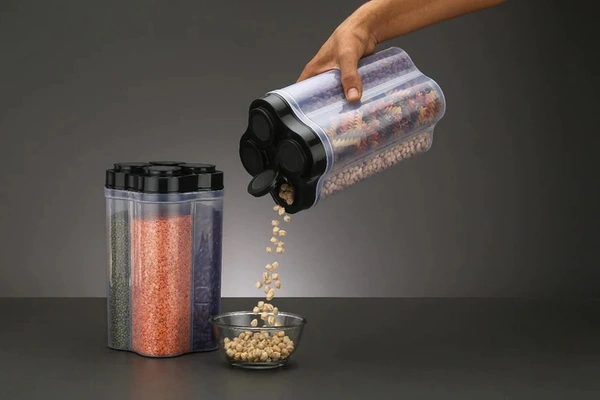 PLASTIC LOCK FOOD STORAGE 4 SECTION CONTAINER JAR FOR GROCERY, FRIDGE CONTAINER.