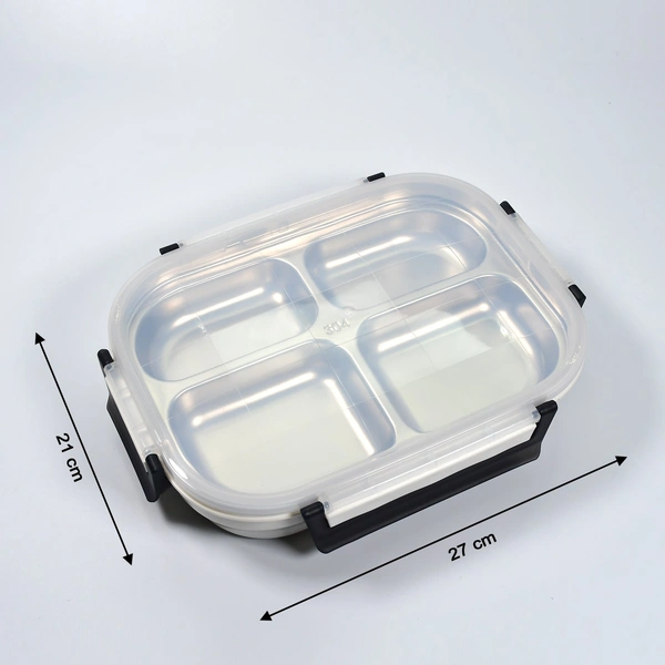 White Transparent 4 Compartment Lunch Box for Kids and adults, Stainless Steel Lunch Box with 4 Compartments.