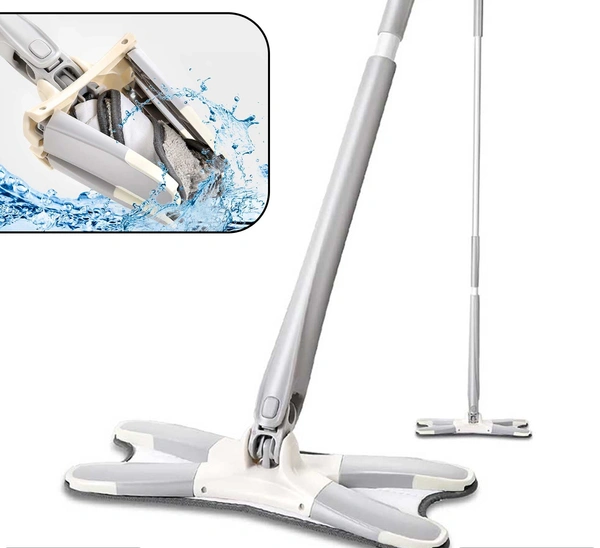 X Shape Mop or Floor Cleaning Hands-Free Squeeze Microfiber Flat Mop System 360° Flexible Head, Wet and Dry mop for Home Kitchen with 1 Super-absorbent Microfiber Pads.