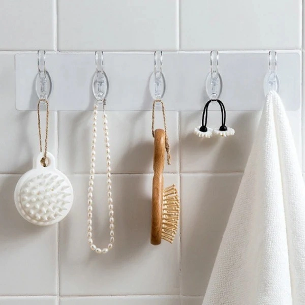 6 Hook Sticker Plate, Adhesive Sticker Multi-Purpose 6 Hook for Hanging Strong, Heavy Duty Sticky Hooks for Hanging, Transparent Reusable Waterproof