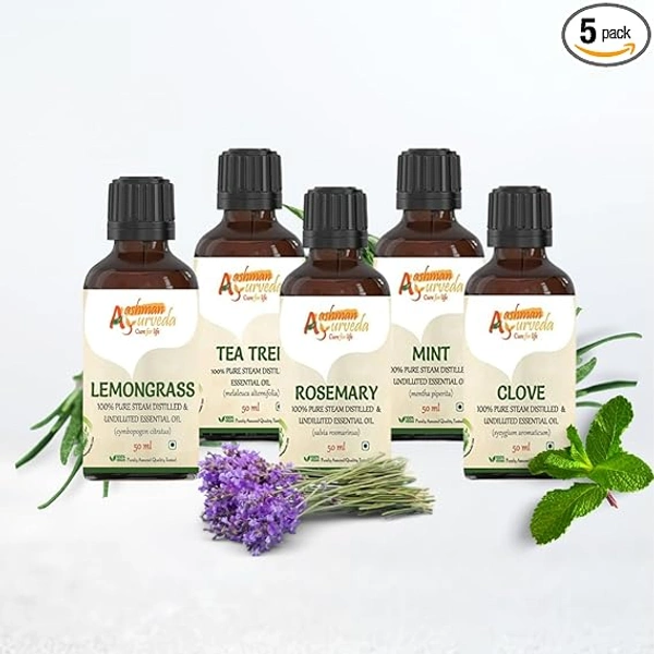 Aachman Veda Pure Steam Distilled Essential Oil Combo - COMBO PACK OF 5