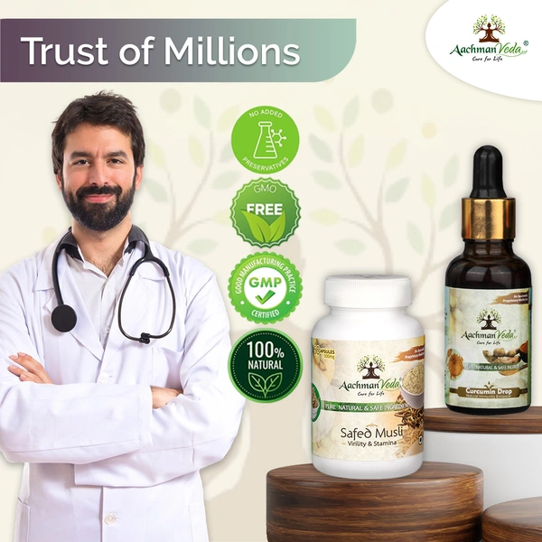 Aachman Veda Safed Musli Veg Capsules & Curcumin Drops - COMBO