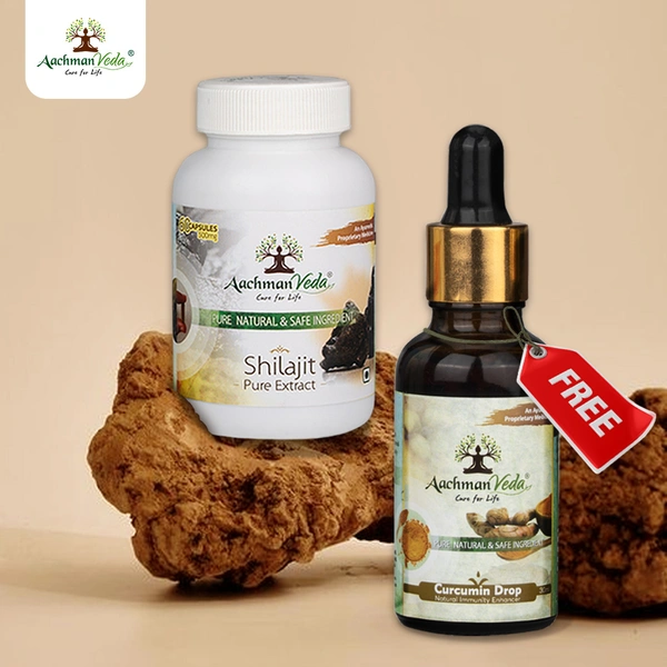 Aachman Veda Shilajit Veg Capsules & Curcumin Drops - COMBO