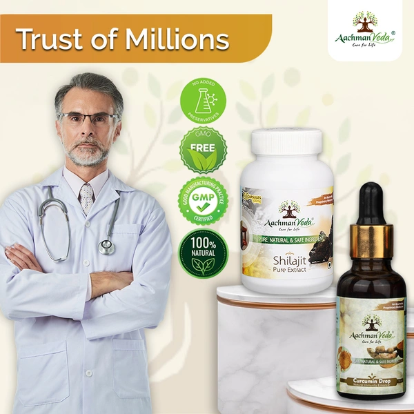 Aachman Veda Shilajit Veg Capsules & Curcumin Drops - COMBO