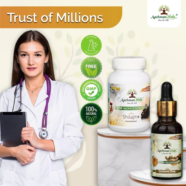Aachman Veda Shilajit+ Veg Capsules & Curcumin Drops - COMBO