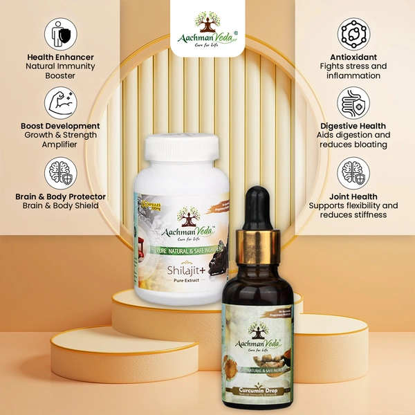 Aachman Veda Shilajit+ Veg Capsules & Curcumin Drops - COMBO