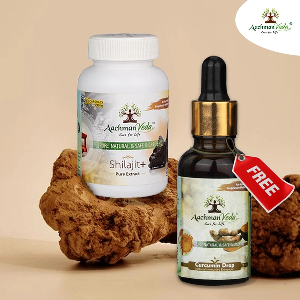 Aachman Veda Shilajit+ Veg Capsules & Curcumin Drops - COMBO