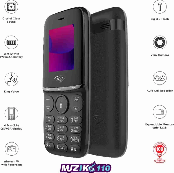 Itel Muzik 110 - Black, Expandable Storage Upto 32GB