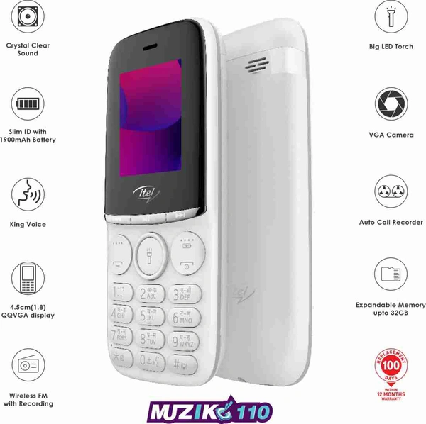 Itel Muzik 110 - White, Expandable Storage Upto 32GB