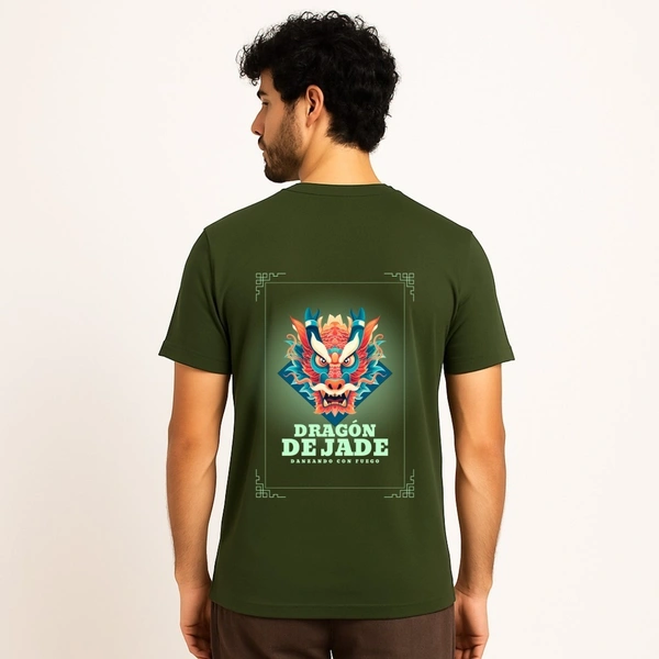 Aramas Originals Men’s Premium Cotton Regular Fit T-Shirt – Olive with “Dragon Dejade” Graphic Print - XL, Olive, 220g, 1