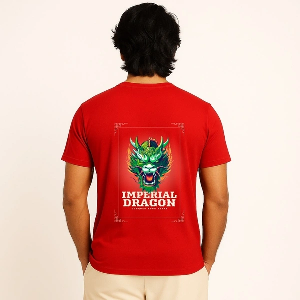 Aramas Originals Men’s Premium Cotton Regular Fit T-Shirt – Red with “Imperial Dragon” Graphic Print - S, Red, 220g, 1