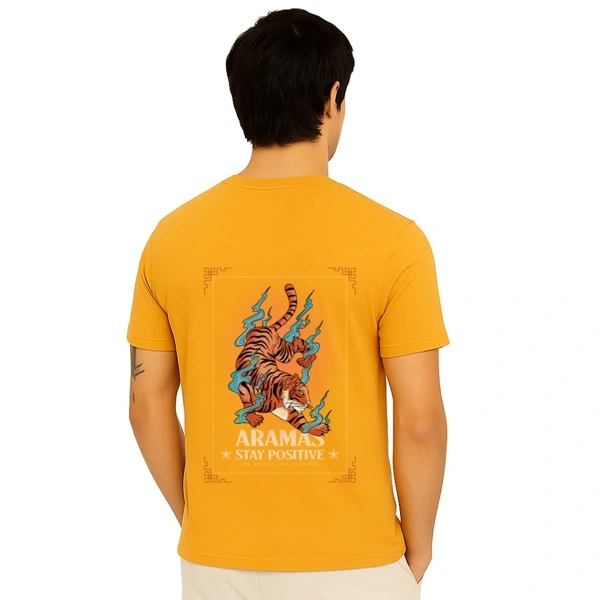 Aramas Originals Men’s Premium Cotton Regular Fit T-Shirt – Yellow with “Stay Positive” Graphic Print - S, Dark Yellow, 220g, 1