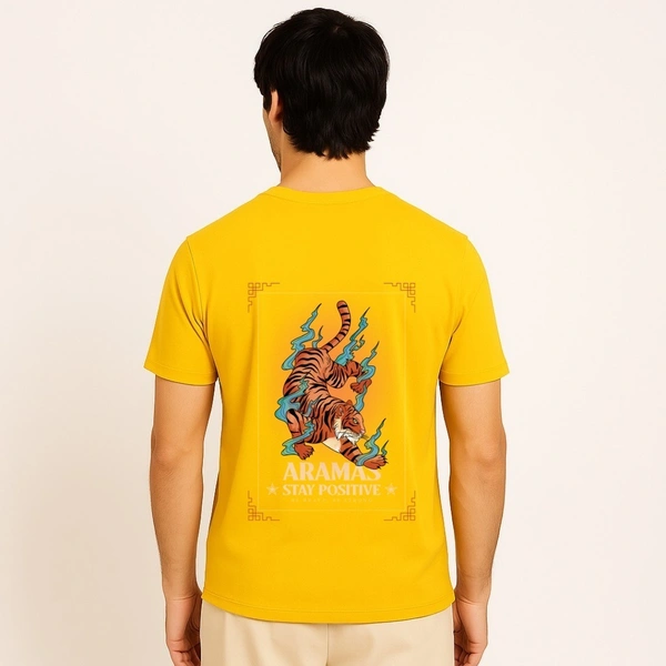 Aramas Originals Men’s Premium Cotton Regular Fit T-Shirt – Yellow with “Stay Positive” Graphic Print - M, Yellow, 220g, 1