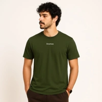 Aramas Originals Men’s Premium Cotton Regular Fit T-Shirt – Olive with “Stripes of Power” Graphic Print - L, Olive, 220g, 1