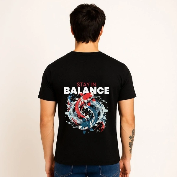 Aramas Originals Men’s Premium Cotton Regular Fit T-Shirt – Black with “Stay in Balance” Graphic Print - S, Black, 220g, 1