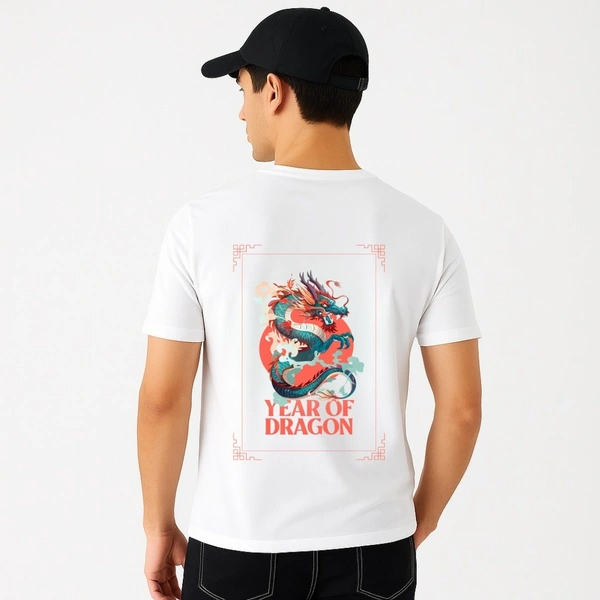 Aramas Originals Men’s Premium Cotton Regular Fit T-Shirt – White with “Year of Dragon” Graphic Print - L, White, 220g, 1