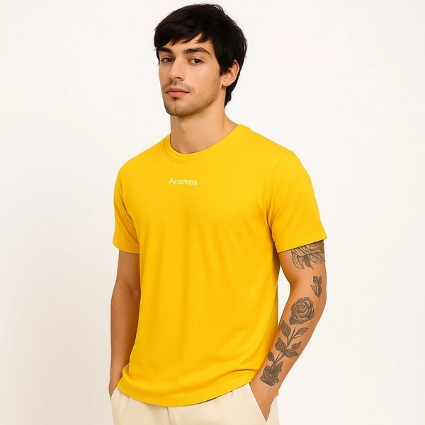 Aramas Originals Men’s Premium Cotton Regular Fit T-Shirt – Yellow with “Stay Positive” Graphic Print - M, Yellow, 220g, 1