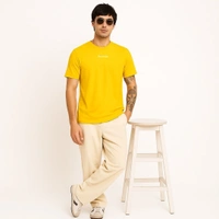 Aramas Originals Men’s Premium Cotton Regular Fit T-Shirt – Yellow with “Stay Positive” Graphic Print - M, Yellow, 220g, 1