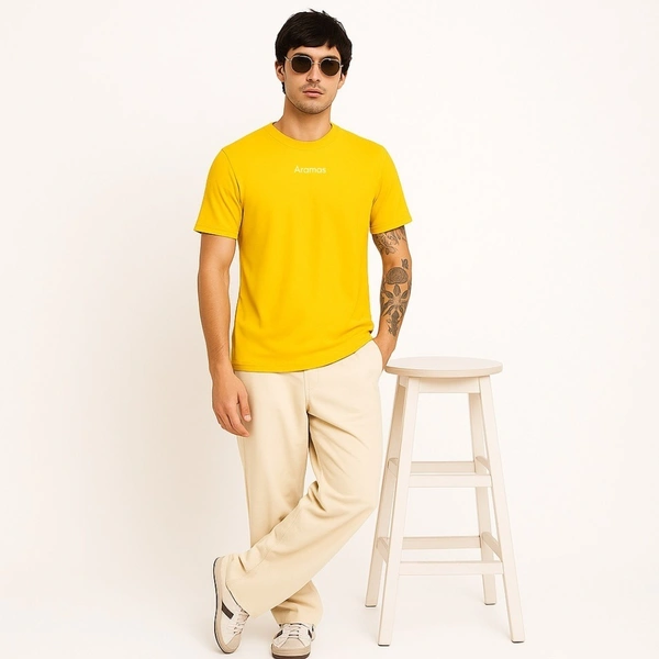 Aramas Originals Men’s Premium Cotton Regular Fit T-Shirt – Yellow with “Stay Positive” Graphic Print - M, Yellow, 220g, 1