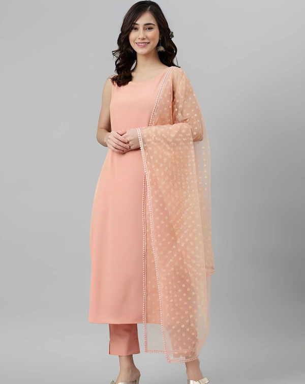 Peach Solid Crepe Kurta Set with Dupatta and Pant - My Pink, M